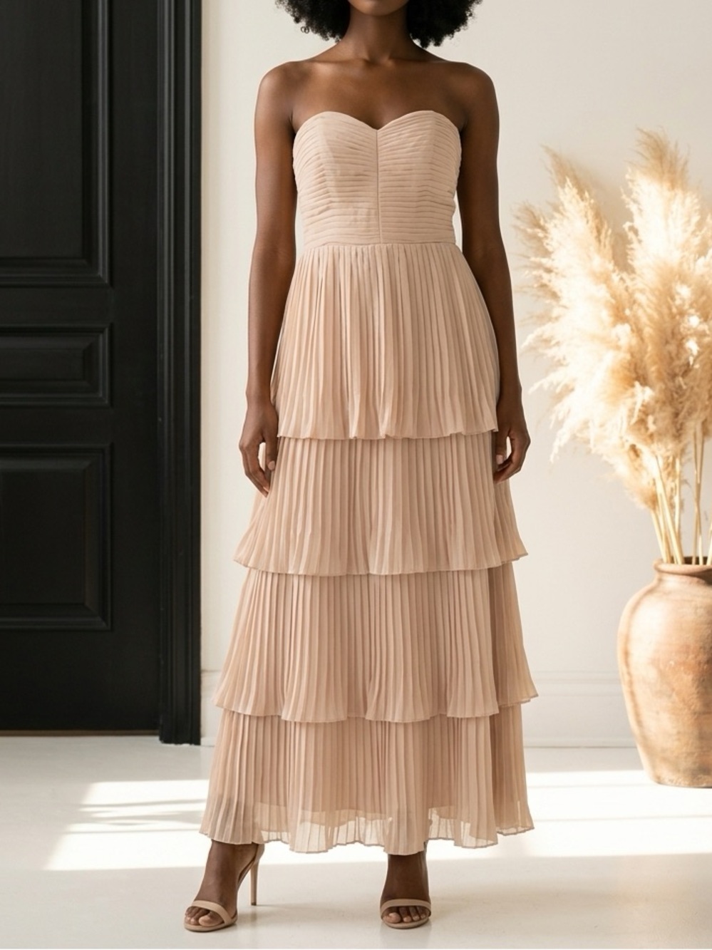 Strapless Tiered Pleated Dress